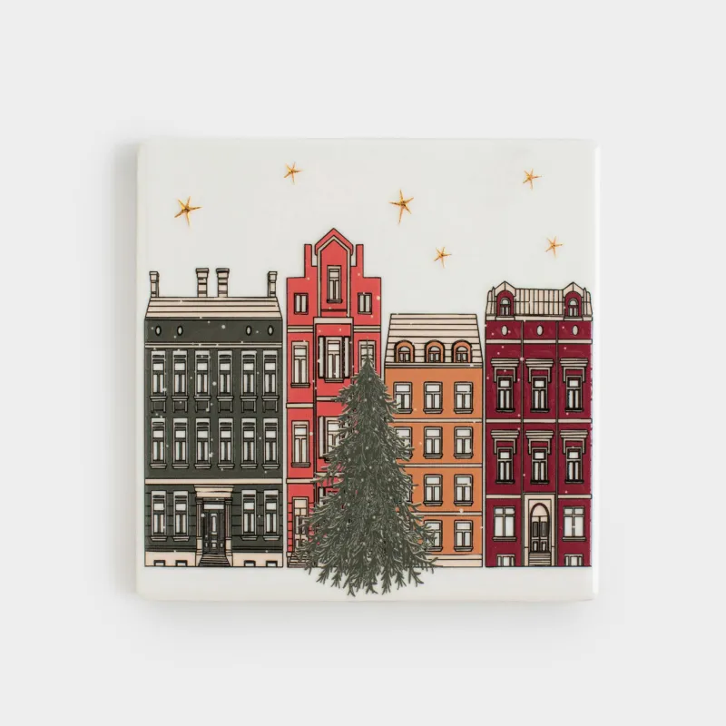 Подставка под кружку, 11х11 см, квадратная, керамика/пробка, Город, House built