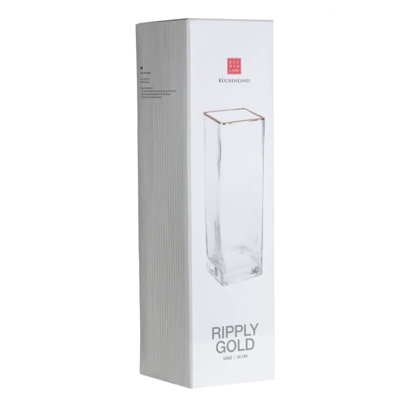 Гүл вазасы, 30 см, шыны, тікбұрышты, алтын жиегі бар, Ripply Gold, image-1