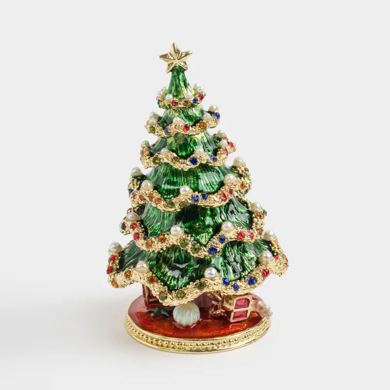 Шкатулка, 6x10 см, металл, зеленая, Елка со звездой, Christmas style