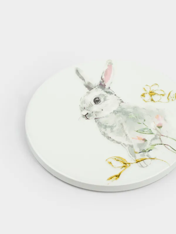 Саптыаяқ тұғыры, 11 см, дөңгелек, керамика/тығын, ақ, Гүлдер арасындағы қоян, Easter, image-1