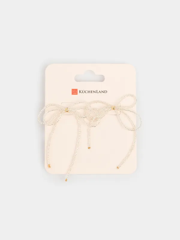 Серьги, 6 см, 2 шт, стекло/металл, белые, Бантик, Pearl, image-3