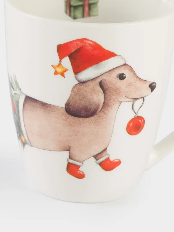 Кружка, 320 мл, фарфор N, белая, Такса с елкой, Christmas dog, image-2