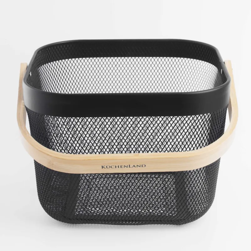 Сақтау себеті, 24х24х18 см, тұтқасы бар, металл / бамбук, шаршы, қара, Gardening, image-1