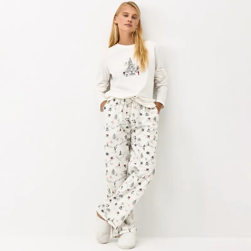 Әйелдер шалбары, үйге арналған, өлшемі L, мақта, сүт түстес, Жаңа жылдық өрнек, Ransina