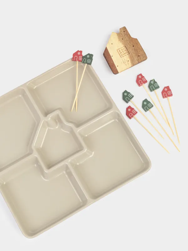 Менажница, 22 см, 4 отд, со шпажками, дерево/керамика, белая, Домик, House, image-2