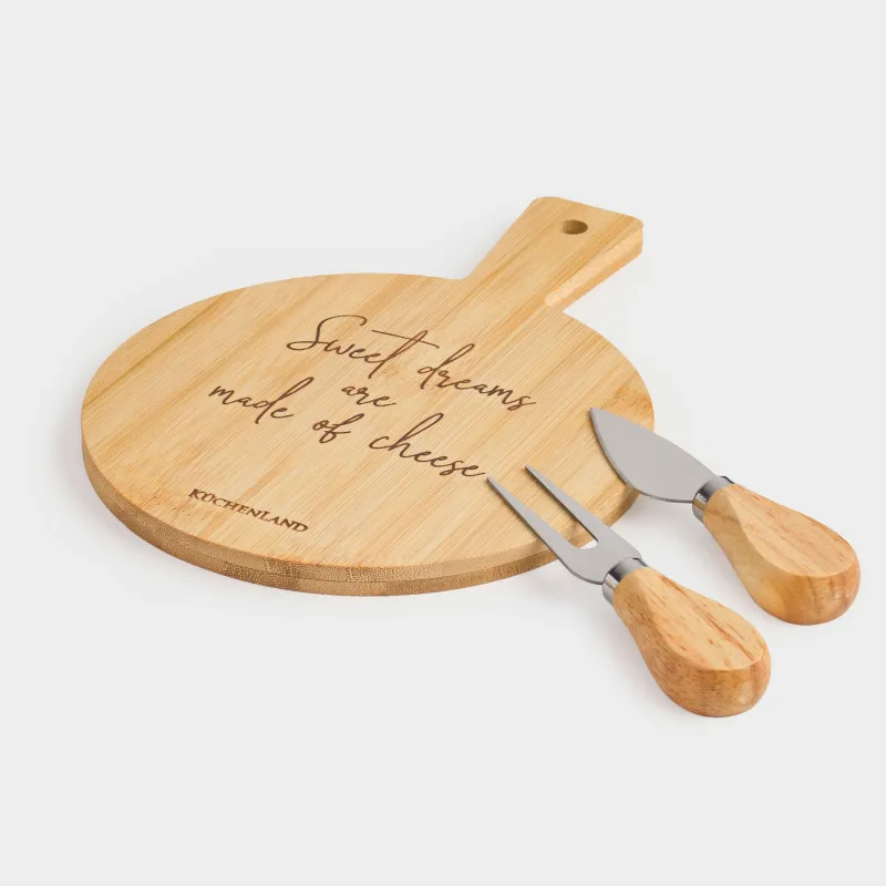 Набор для сыра, 3 пр, доска-блюдо с ручкой, бамбук/сталь, круглый, Cheese, Bamboo, image-0