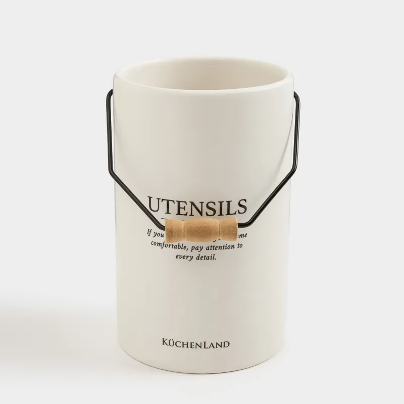 Подставка для кухонных принадлежностей, 17 см, с ручкой, керамика/металл, молочная, Course, image-3