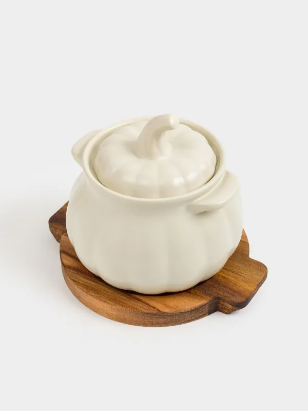 Кокотница, 13 см, 530 мл, с крышкой, на подставке, керамика/дерево, кремовая, Тыква, Gourd, image-1