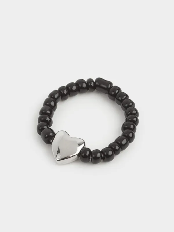 Сақина, size S-M, бірыңғай өлшем, шыны/металл, қара, Жүрек, Jewelry black, image-1