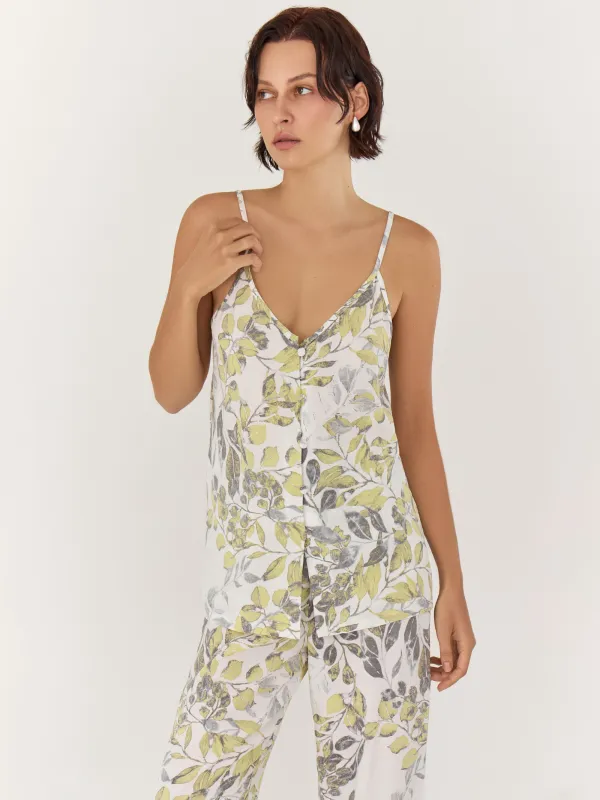 Әйелдерге арналған топ, үйге арналған, өлшемі L, түймелері бар, вискоза, ақ және сары, Жапырақтар, Leksi, image-0