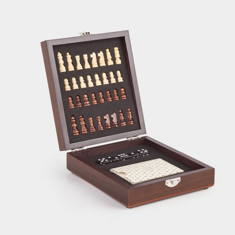 Үстел ойындарының жиынтығы, 17х15 см, карталар/сүйектер/шахмат, ағаш/пластик, Sabal, image-0