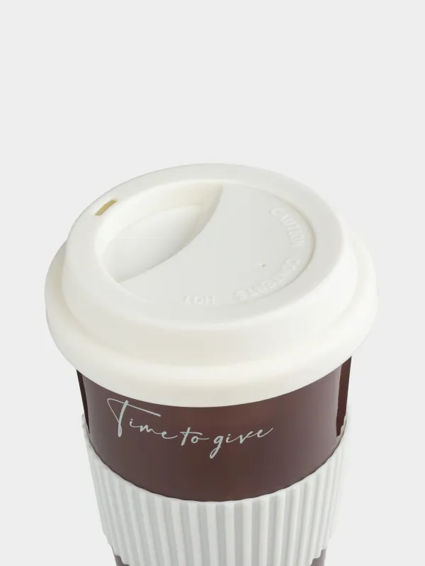 Стакан, 15 см, 430 мл, с крышкой и зарфом, фарфор N/силикон, коричнево-молочный, Magic moments, image-3