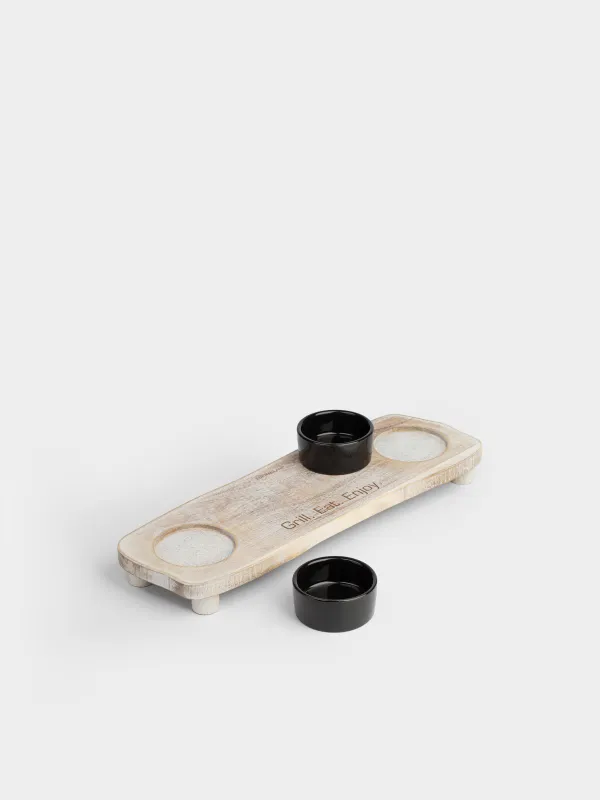 Блюдо для подачи стейка, 38x13х7 см, на ножках, с пиалами для соусов, дерево/керамика, Noble tree, image-4