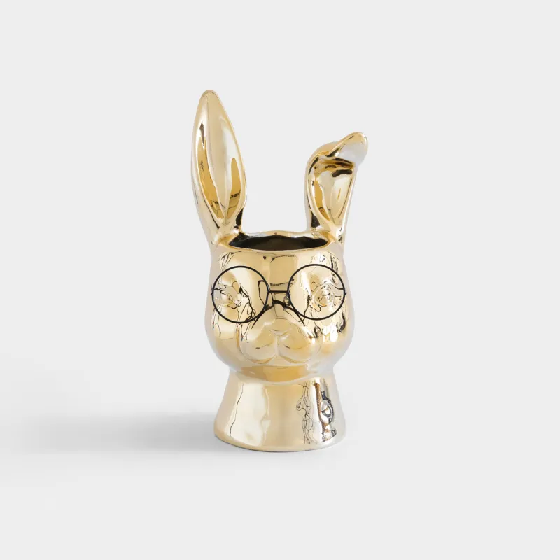 Гүл вазасы, 30 см, сәндік, фарфор P/металл, алтын түстес, Көзілдірік киген қоян, Rabbit gold