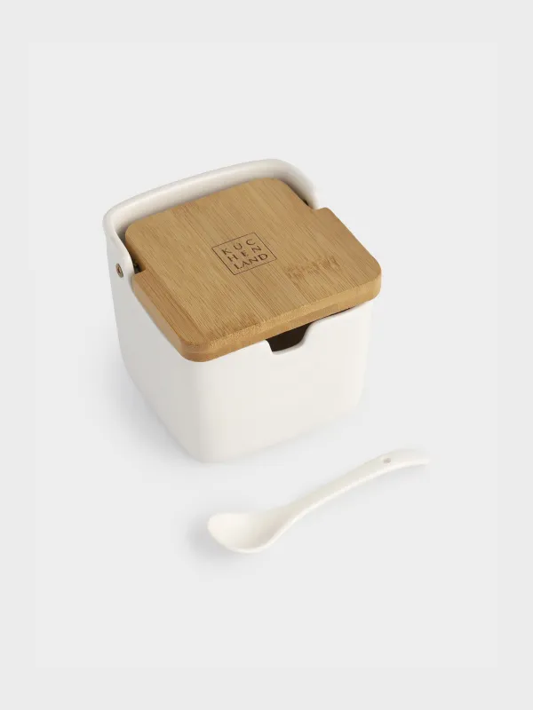 Банка для сыпучих продуктов, 250 мл, с ложкой, фарфор P/бамбук, белая, Keep, image-5