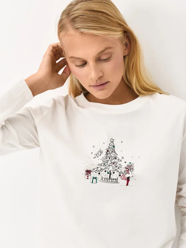 Әйелдерге арналған лонгслив, үйге арналған, өлшемі S, мақта, сүт түстес, Жаңа жылдық өрнек, Ransina, image-1