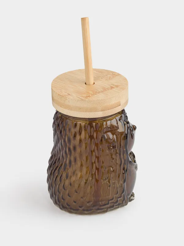 Банка для напитков, 550 мл, с крышкой и трубочкой, стекло, коричневая, Ежик, Forest animals, image-2