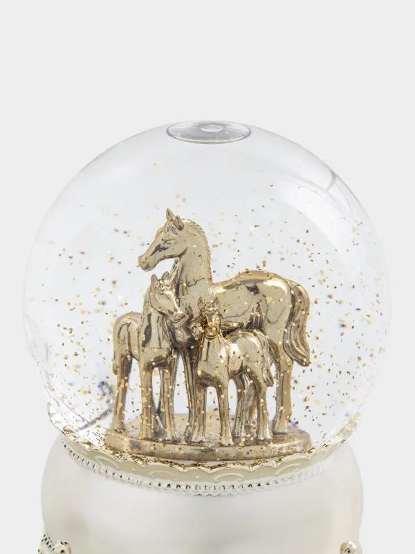 Снежный фонарь, 15 см, с подсветкой, пластик, золотистый, Лошадь в шаре, Golden style, image-1