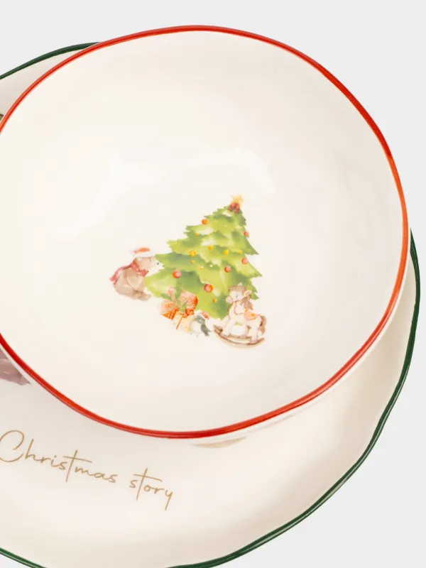 Ыдыс-аяқ жинағы, балаларға арналған, 1 адам, 3 зат, керамика, қызыл-жасыл, Шырша жанындағы аю, Christmas friends, image-3