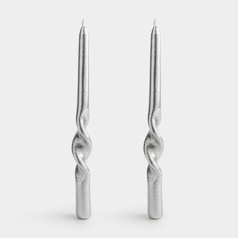 Свеча, 25 см, 2 шт, тонкая, с блестками, серебристая, Спираль, Spiral shape