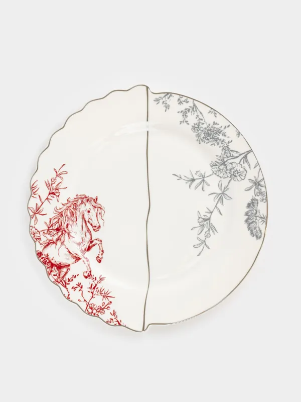 Түскі ас тәрелкесі, 27 см, фарфор N, ақ, күміс жиектері бар, Жылқы, Kairon horse, image-0