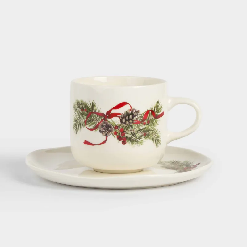 Шай жұбы, 1 адам, 2 зат, 250 мл, фарфор N, ақ, дақты, Шырша бүршіктері мен шетен, Rowan delice