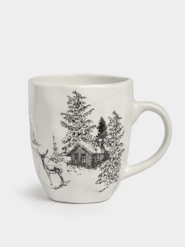 Кружка, 320 мл, керамика, белая, Олень у дома в лесу, Crumple print, image-0