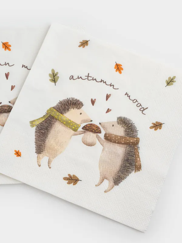 Салфетки бумажные, 33х33 см, 20 шт, квадратные, белые, Ежики в шарфах, Forest hedgehogs, image-4