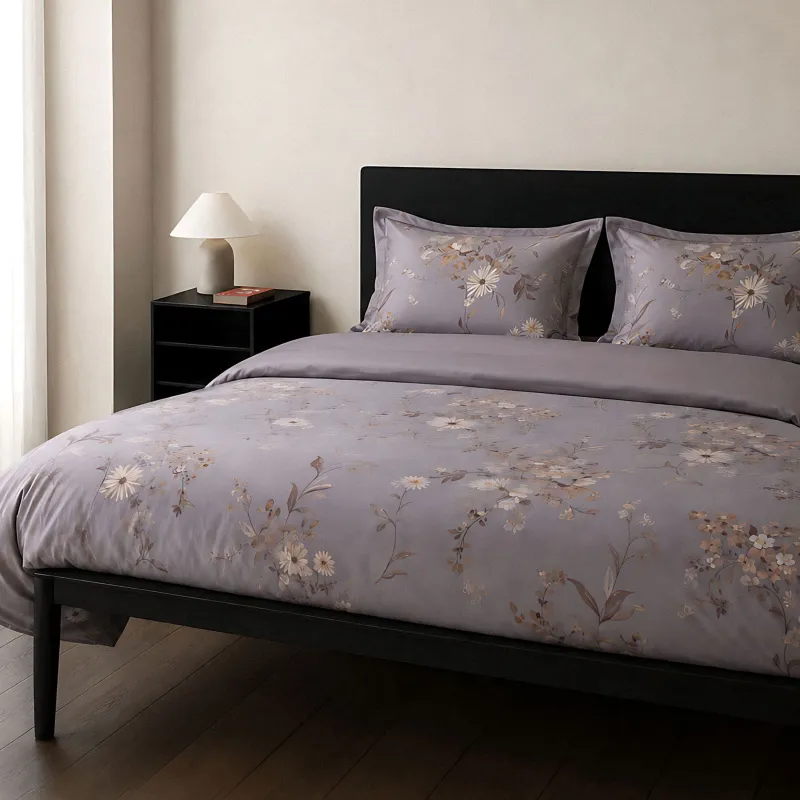 Төсек-орын жабдықтарының жиынтығы, еуро, tencel 300 ТС, сұр, Гүлдер мен жапырақтар, Tencel