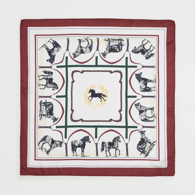 Платок женский, 70х70 см, полиэстер, бело-красный, Лошади, Kerchief