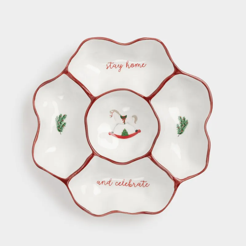 Менажница, 25 см, 5 отд, керамика, Лошадка и еловые ветки, Christmas tree