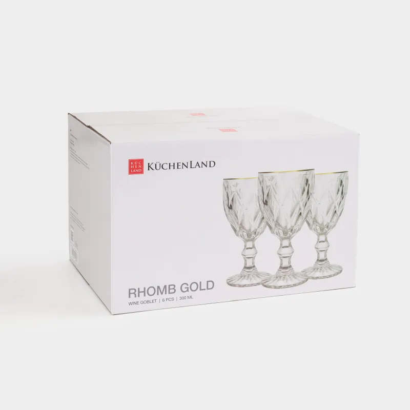 Шарап бокал-кубогы, 300 мл, 6 дана, шыны Р, алтын жиегі бар, Rhomb gold, image-9