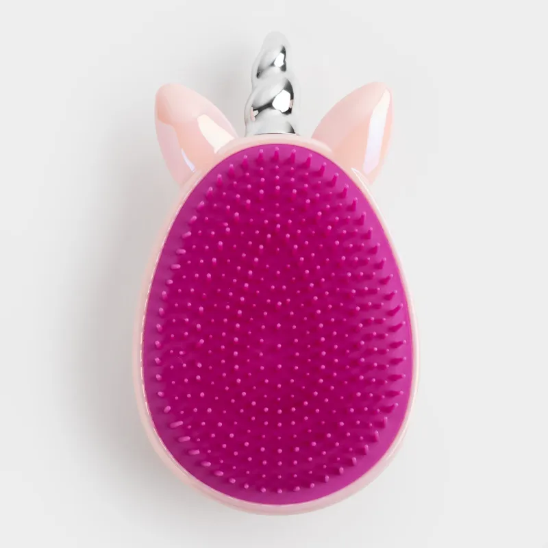 Шашқа арналған массаж тарағы, 12 см, балалар, пластик/силикон, қызғылт, Бір мүйізді, Unicorn