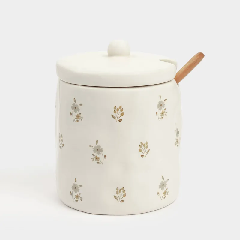 Қант ыдысы, 11 см, 370 мл, қасықпен, керамика / ағаш, сүт түстес, ескірген гүлдер, la flore