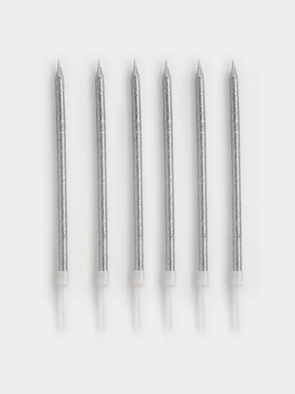 Свеча для торта, 15 см, 6 шт, тонкая, серебристая, Birthday party, image-0