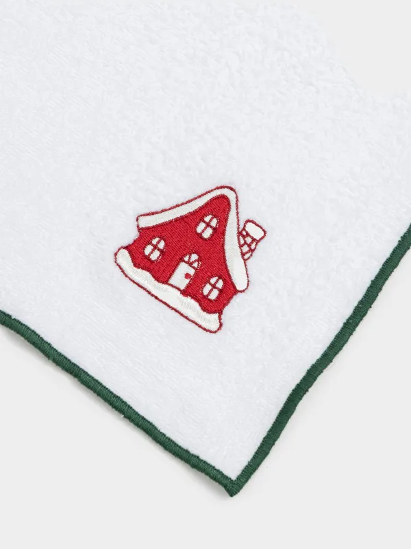 Ас үй сүлгісі, 40х60 см, мақта, ақ, жасыл жиегі бар, Үй мен шырша, Forest house, image-1