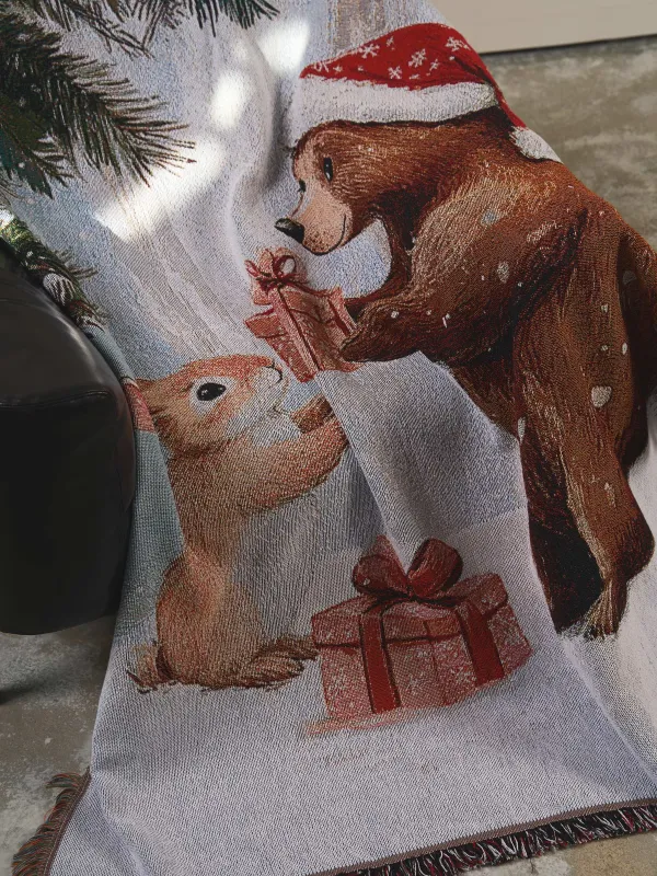 Плед, 130х170 см, с бахромой, гобелен, Мишка и зайка с подарками, Friends forest, image-2