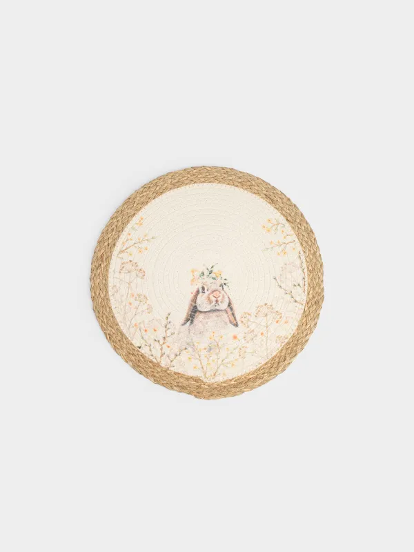 Аспаптарға арналған майлық, 38 см, полиэстер/теңіз шөптері, дөңгелек, құм түстес және ақ, Қоян, Easter, image-0