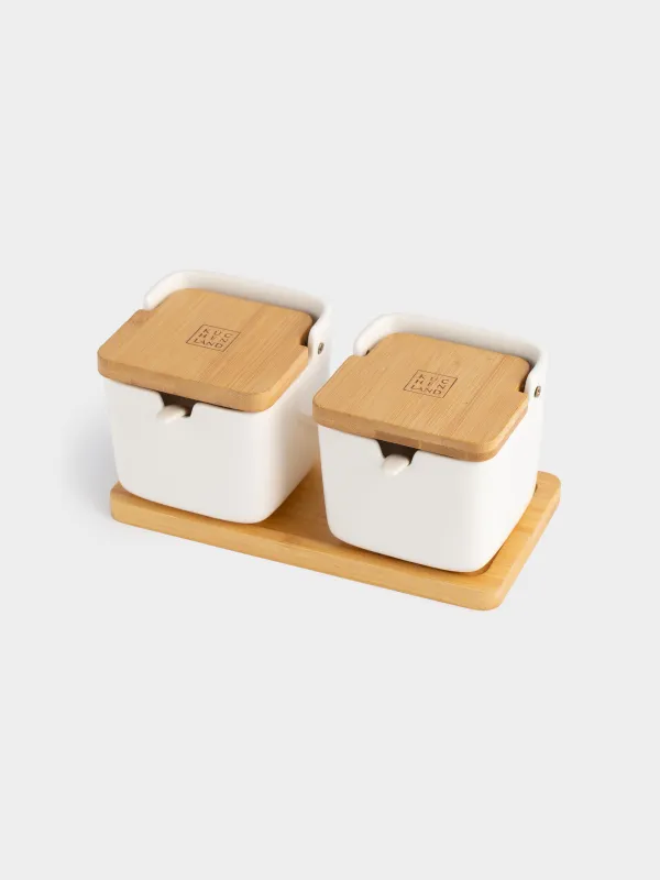 Сусымалы өнімдерге арналған банкіі, 250 мл, 2 дана, стендте, қасықпен, керамика/бамбук, Keep, image-1