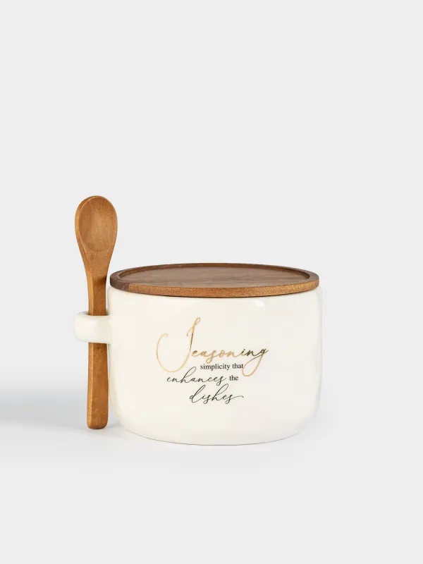 Дәмдеуіштерге арналған ыдыс, 12х8 см, қасығы бар, керамика/ағаш, Мыжылған әсер, Crumple kitchen, image-0