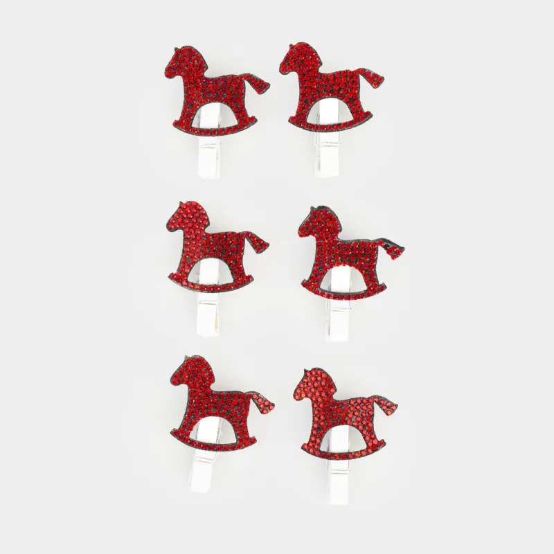 Клипса декоративная, 3 см, 6 шт, со стразами, дерево, красная, Лошадка, Figure wood