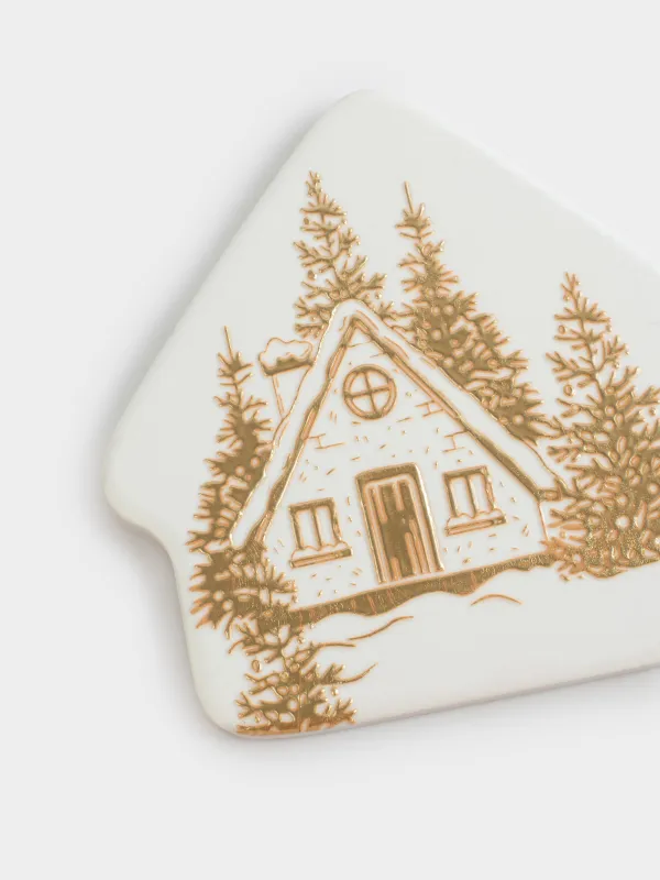 Подставка под кружку, 11х11 см, керамика/пробка, молочная, Домик в лесу, Forest house, image-3