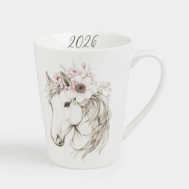 Кружка, 420 мл, фарфор N, белая, Лошадь в венке, Horse in flowers