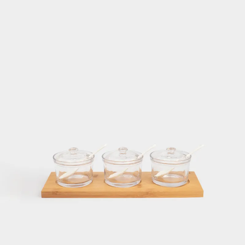 Джем / қант вазасы, 180 мл, 3 дана, қасықпен, стендте, шыны / бамбук / керамика, бамбук