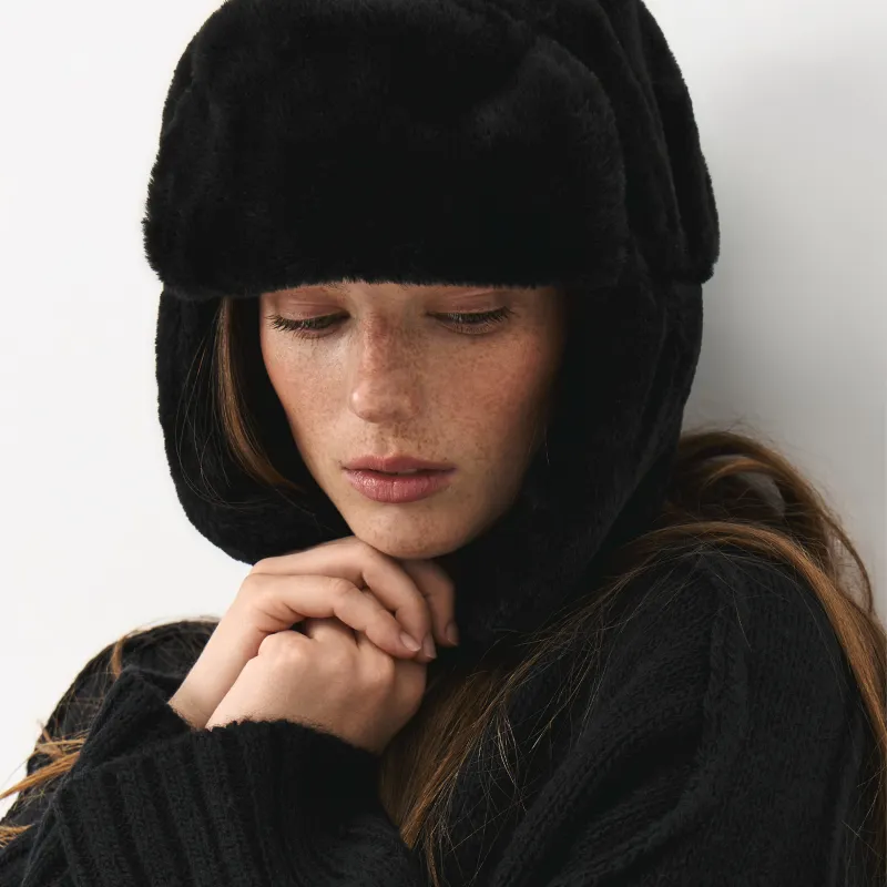 Әйелдер құлақшын-бас киімі, бірыңғай өлшем, жасанды үлбір, қара, Furry