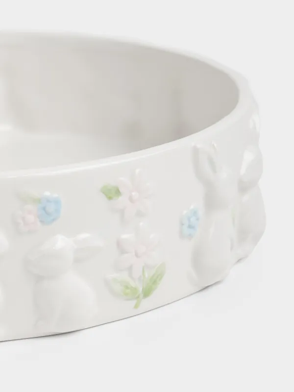 Блюдо, 23х6 см, с бортами, керамика D, молочное, Кролики в цветах, Rabbit bloome, image-3