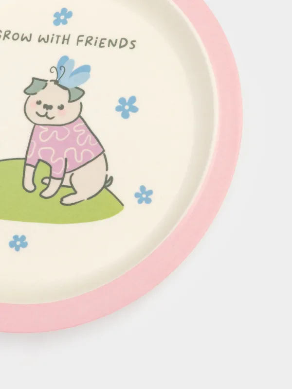 Ыдыс-аяқ жинағы, балаларға арналған, 1 адам, 5 зат, бамбук, қызғылт-жасыл, Иттер, Pretty friends, image-4