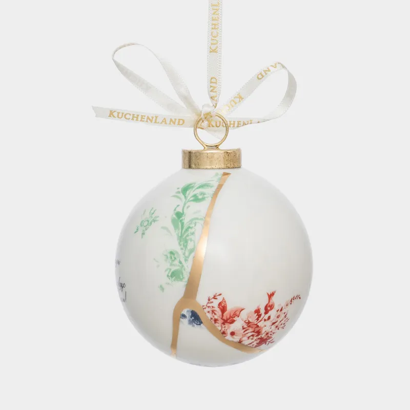 Игрушка елочная, 7 см, керамика D, бело-золотистая, Шар, Пожелание, Ball print