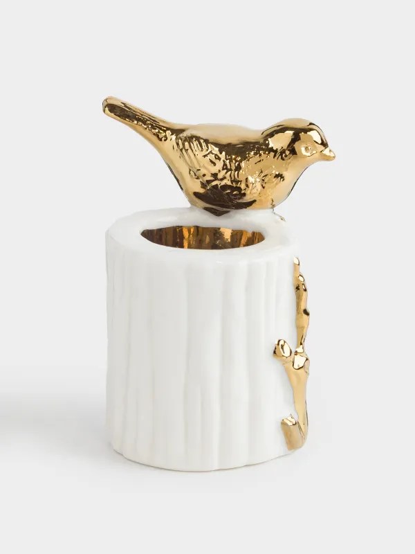 Тіс шұқығыш тұғыры, 8 см, керамика, сүт алтын түстес, Бұтақтағы құс, Paradise garden, image-1