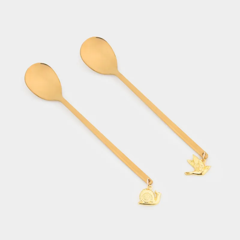 Ложка десертная, 13 см, 2 шт, сталь, золотистая, Птица/Улитка, Tale garden, image-0